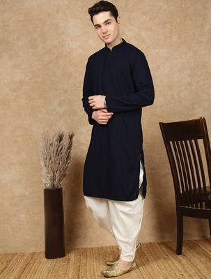 Deep blue rayon floral kurta pajama for mens 5