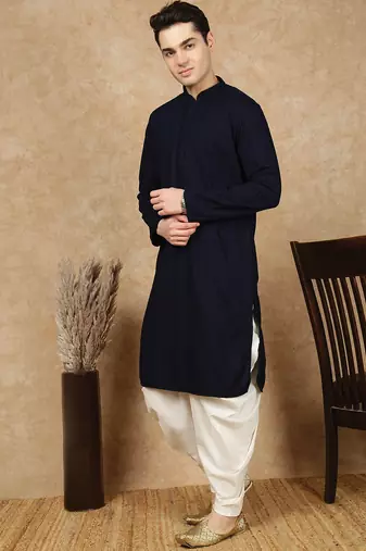 Deep blue rayon floral kurta pajama for mens