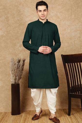Deep green rayon floral kurta pajama for mens