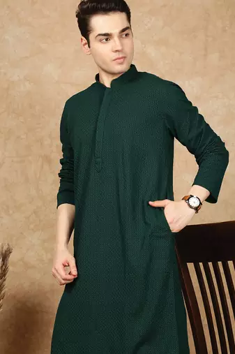 Deep green rayon floral kurta pajama for mens