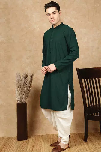 Deep green rayon floral kurta pajama for mens
