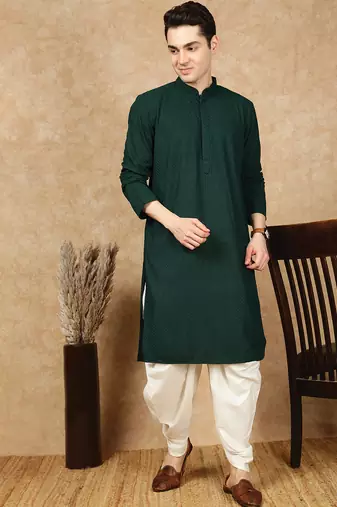 Deep green rayon floral kurta pajama for mens