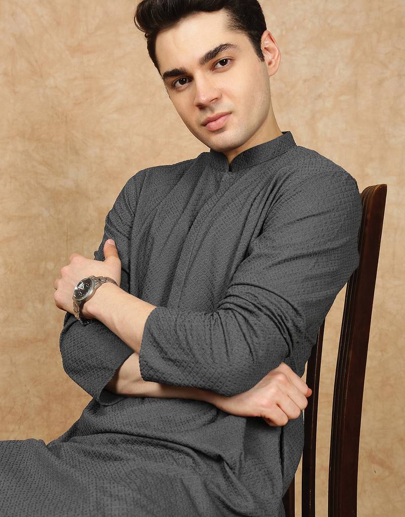 Grey rayon floral kurta pajama for mens