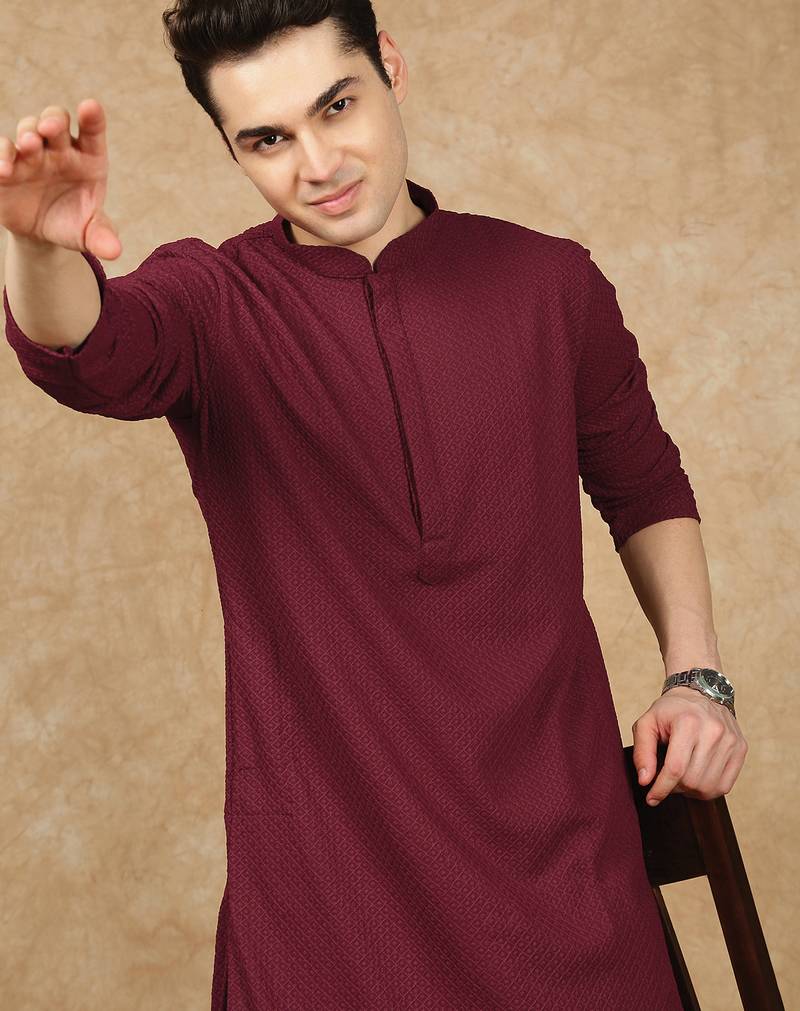 Maroon rayon floral kurta pajama for mens
