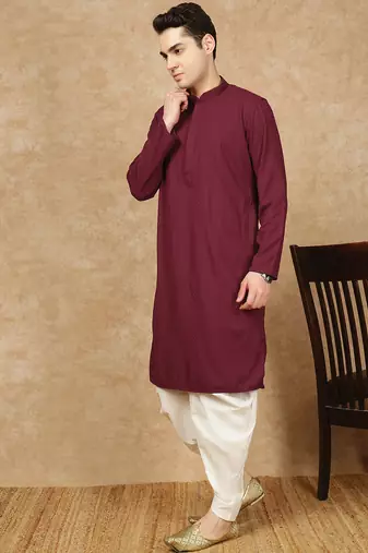 Maroon rayon floral kurta pajama for mens