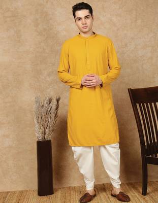 Mustard rayon floral kurta pajama for mens 1