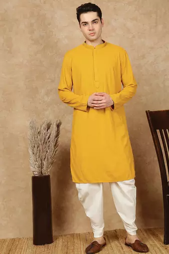 Mustard rayon floral kurta pajama for mens