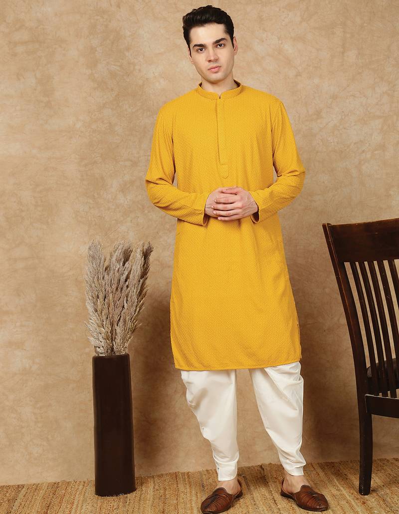 Mustard rayon floral kurta pajama for mens
