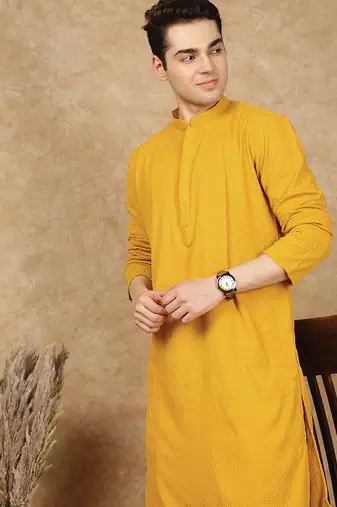 Mustard rayon floral kurta pajama for mens