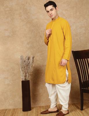 Mustard rayon floral kurta pajama for mens 3