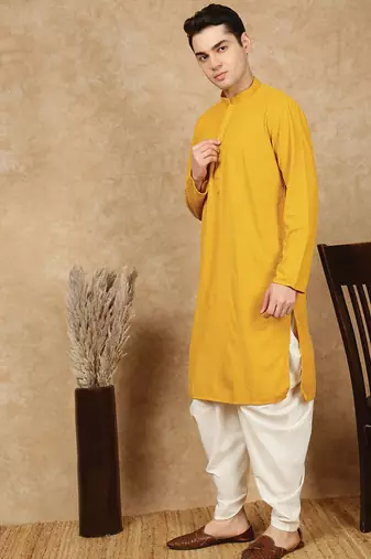 Mustard rayon floral kurta pajama for mens
