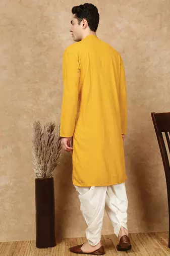 Mustard rayon floral kurta pajama for mens