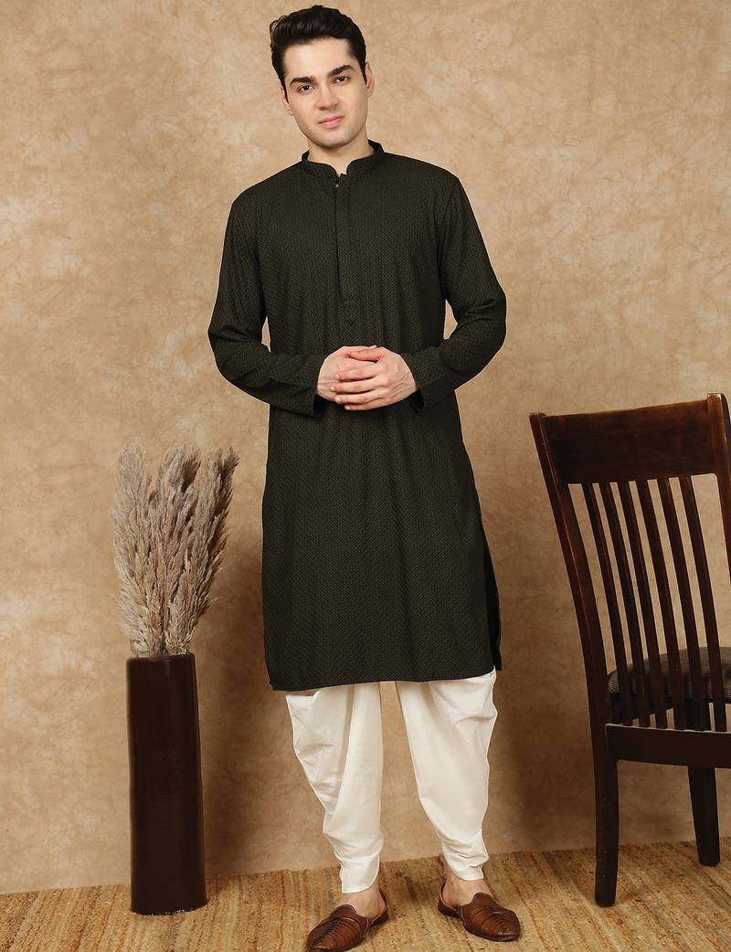 Olive rayon floral kurta pajama for mens