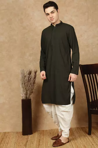 Olive rayon floral kurta pajama for mens