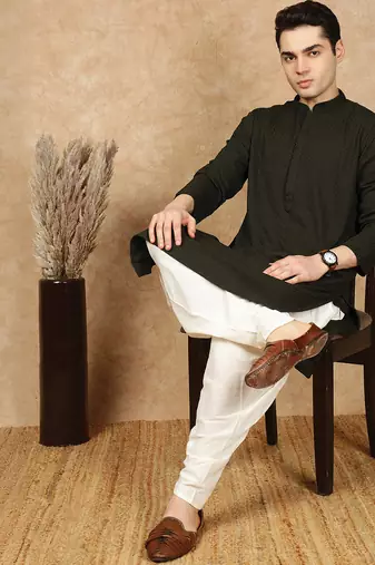 Olive rayon floral kurta pajama for mens