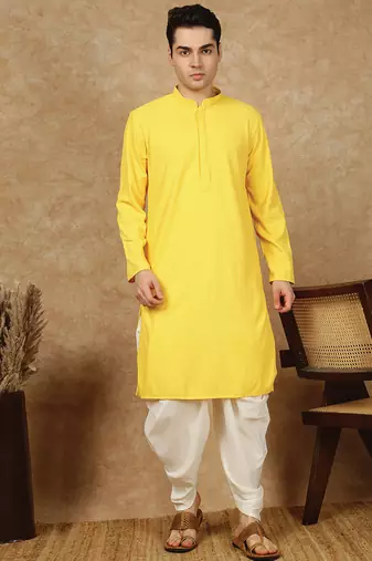 Yellow rayon floral kurta pajama for mens