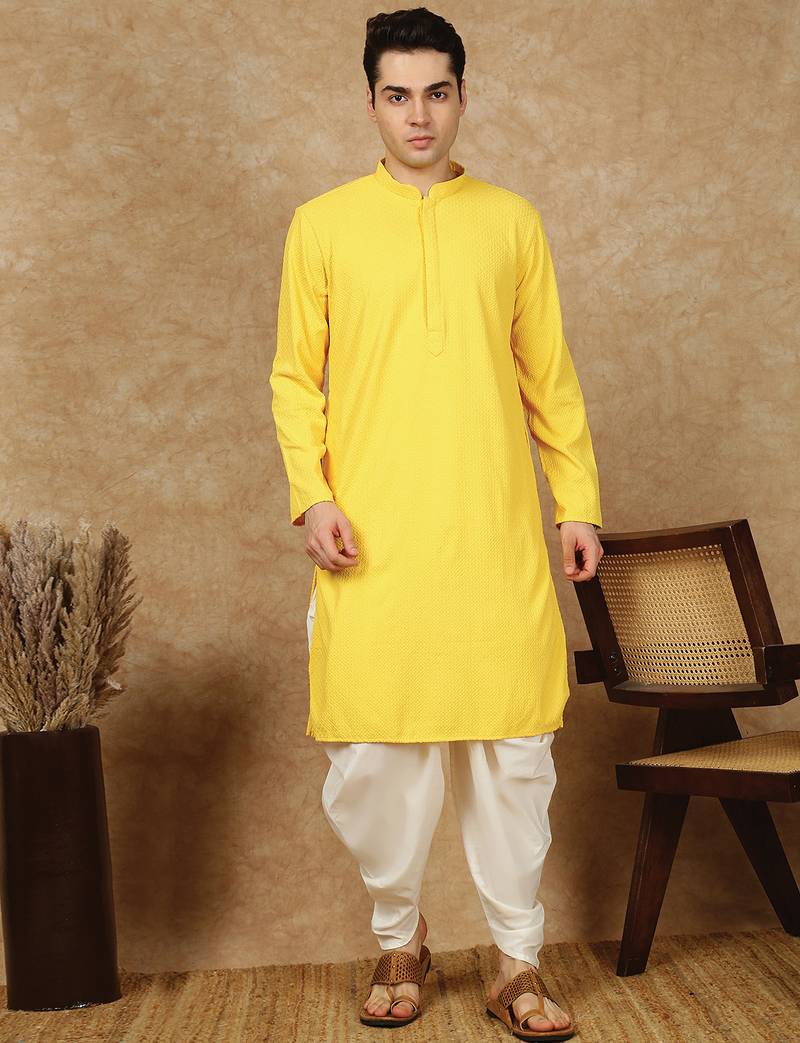 Yellow rayon floral kurta pajama for mens