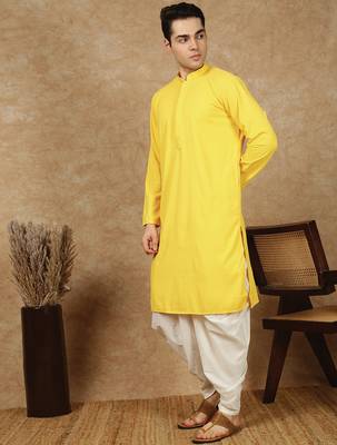 Yellow rayon floral kurta pajama for mens 2