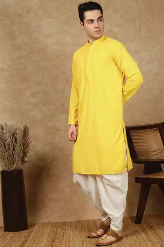 Yellow rayon floral kurta pajama for mens