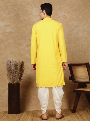 Yellow rayon floral kurta pajama for mens 4