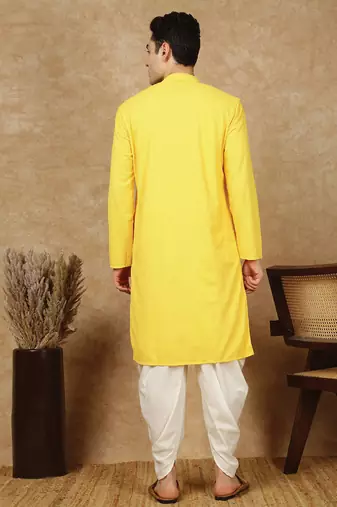 Yellow rayon floral kurta pajama for mens
