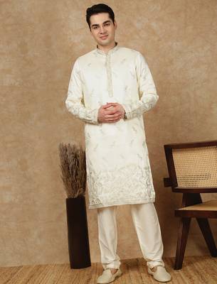 Cream silk blend floral kurta pajama for mens 1