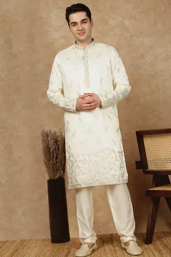 Cream silk blend floral kurta pajama for mens