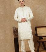 Cream silk blend floral kurta pajama for mens