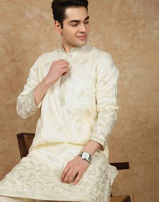 Cream silk blend floral kurta pajama for mens 2