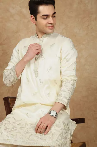 Cream silk blend floral kurta pajama for mens