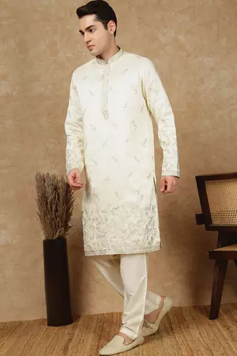 Cream silk blend floral kurta pajama for mens
