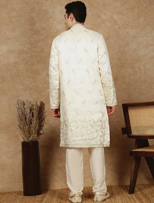Cream silk blend floral kurta pajama for mens 4