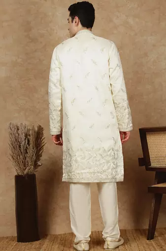 Cream silk blend floral kurta pajama for mens