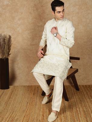 Cream silk blend floral kurta pajama for mens 5