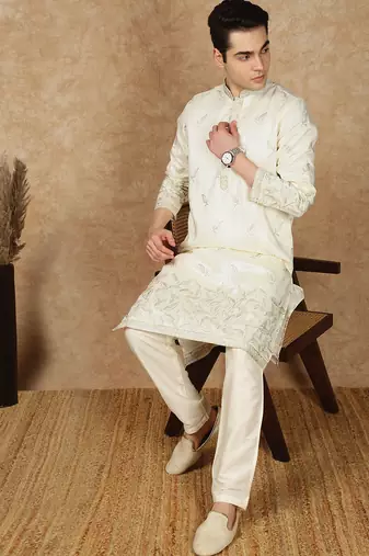 Cream silk blend floral kurta pajama for mens