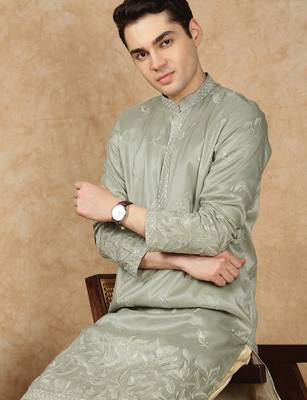 Steel green silk blend floral kurta pajama for mens 1