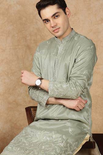 Steel green silk blend floral kurta pajama for mens