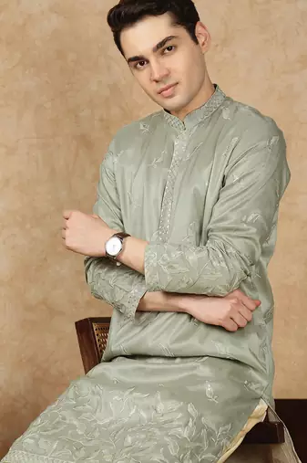 Steel green silk blend floral kurta pajama for mens