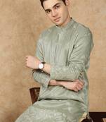 Steel green silk blend floral kurta pajama for mens