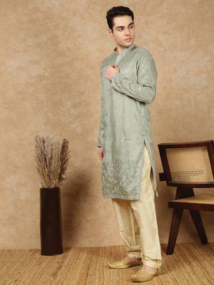 Steel green silk blend floral kurta pajama for mens 2