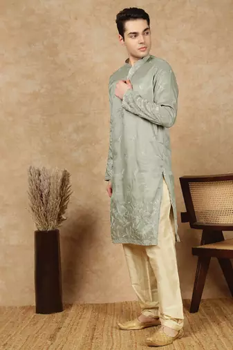 Steel green silk blend floral kurta pajama for mens
