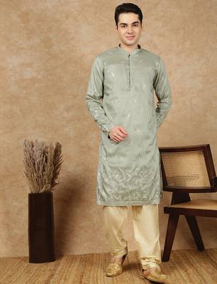 Steel green silk blend floral kurta pajama for mens 3