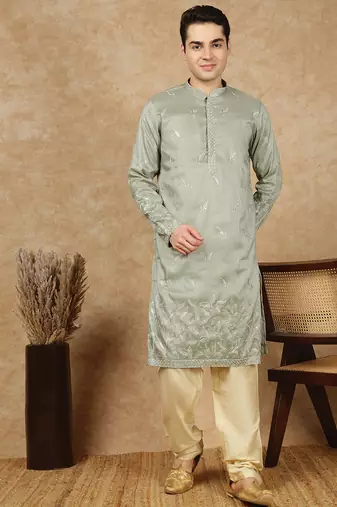Steel green silk blend floral kurta pajama for mens