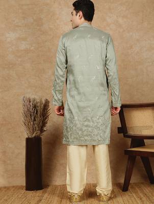 Steel green silk blend floral kurta pajama for mens 4