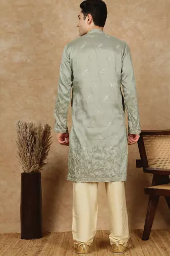 Steel green silk blend floral kurta pajama for mens