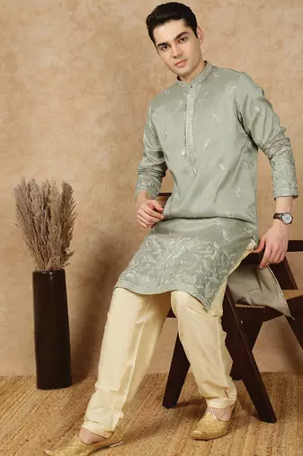 Steel green silk blend floral kurta pajama for mens