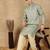 Steel green silk blend floral kurta pajama for mens