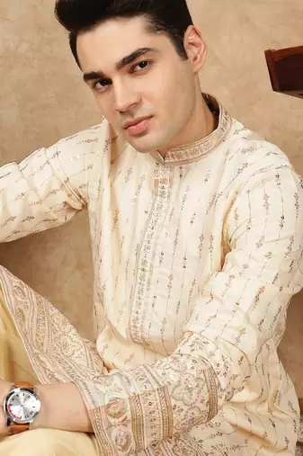 Beige silk blend embroidred kurta pajama for mens
