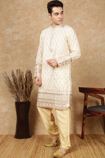 Beige silk blend embroidred kurta pajama for mens