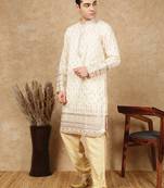 Beige silk blend embroidred kurta pajama for mens